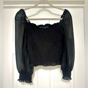 H&M Black Ruched Long Sleeve Sheer Blouse